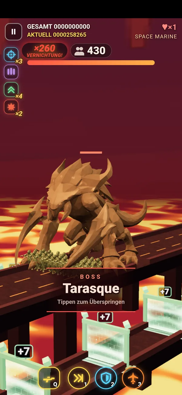 Ein riesiges Monster namens Tarasque erscheint am Ende einer Brücke über Lava.