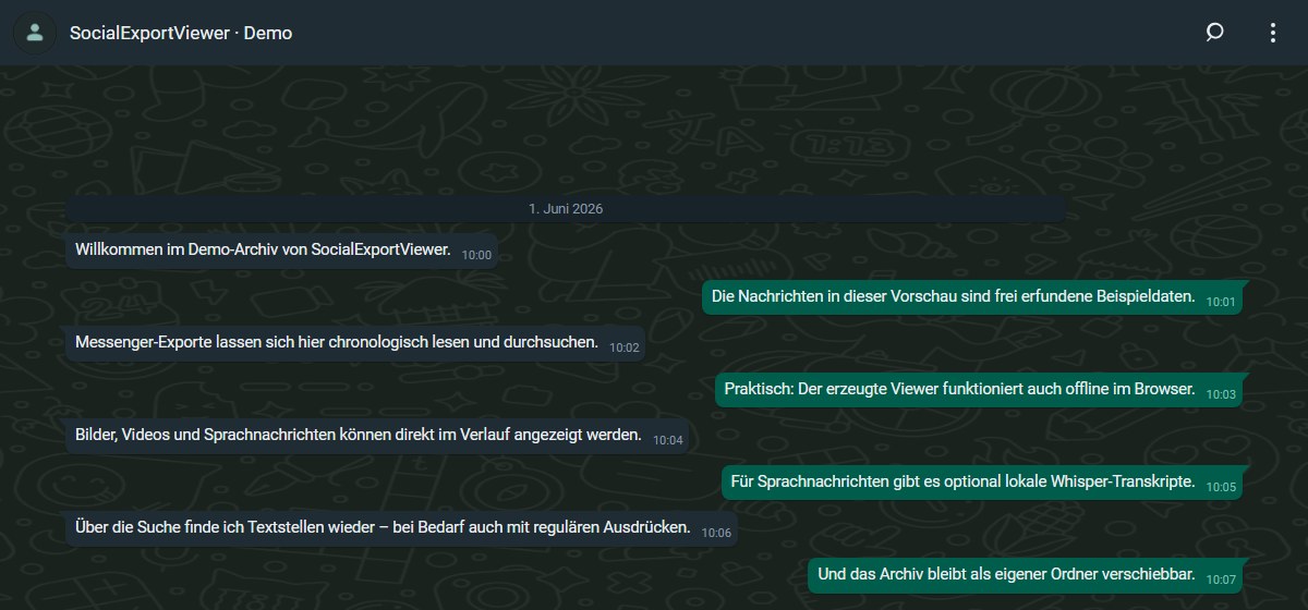 SocialExportViewer mit chronologischem Nachrichtenverlauf und erfundenen Beispielnachrichten.